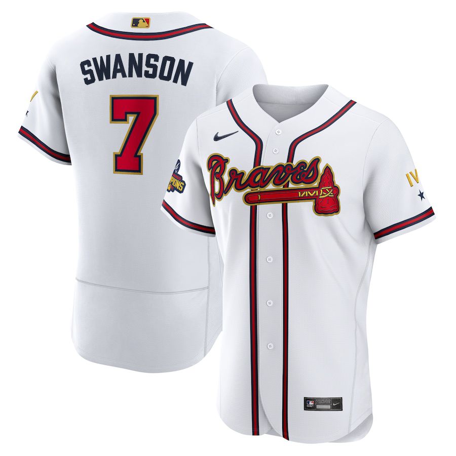 Custom Men Atlanta Braves 7 Dansby Swanson Nike White 2022 Gold Program Authentic Player MLB Jersey